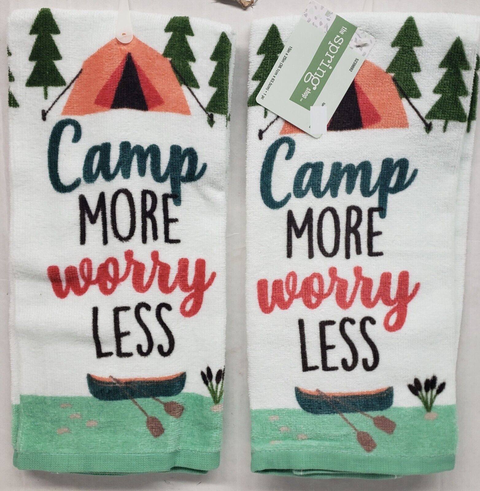 Primary image for Set of 2 Same Printed Kitchen Terry Towels (15"x25") CAMP MORE, WORRY LESS, MI