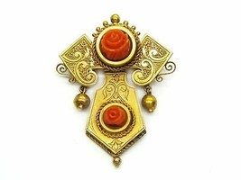Victorian Hinged Carved Rose Red Coral Lavalier Brooch Pendant 16k Gold - £599.51 GBP