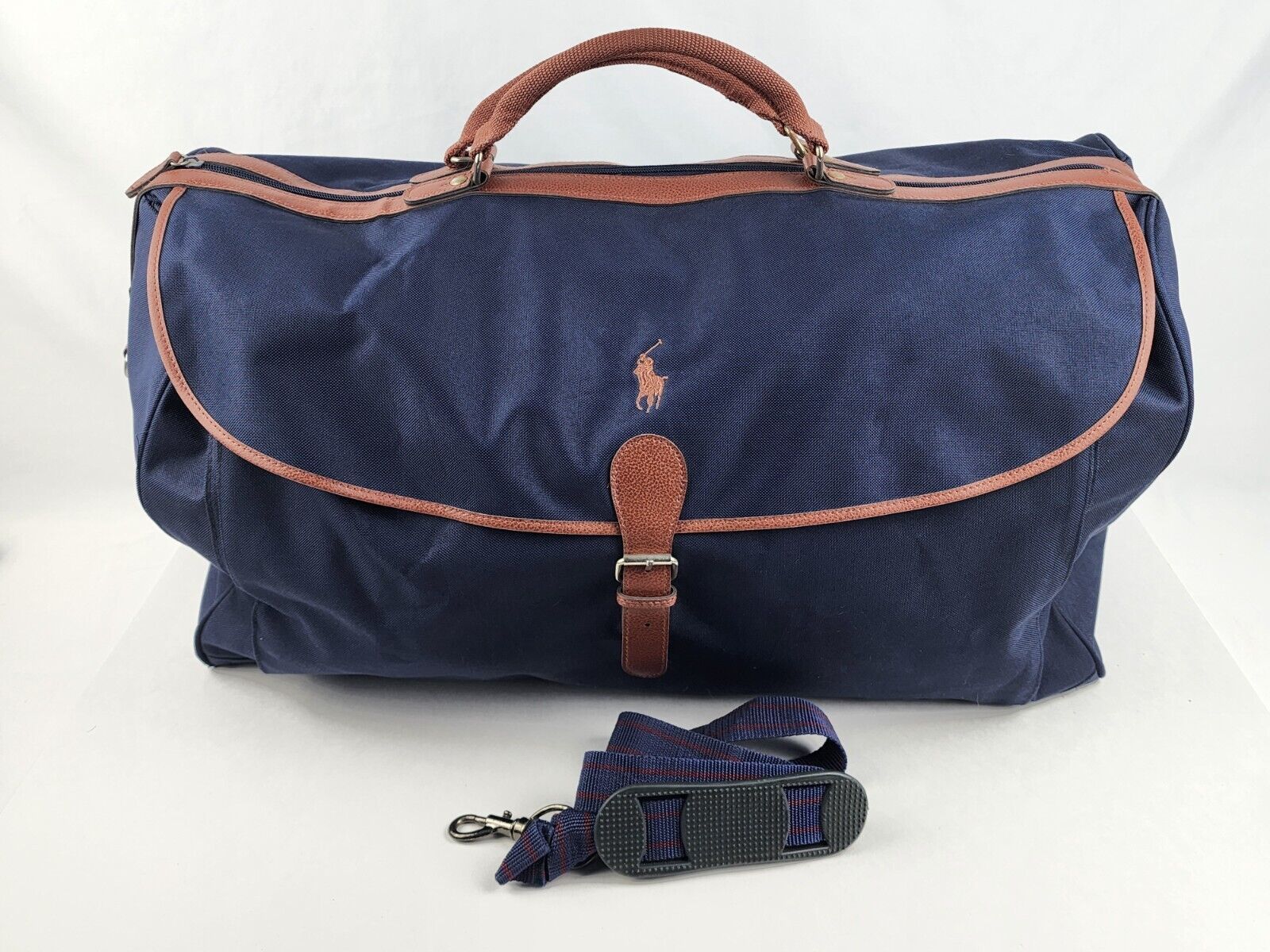 Primary image for Ralph Lauren Polo Bag Duffel Navy Blue Weekend Bag Navy Blue & Brown Gym Bag