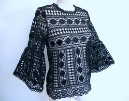 Ellison Black Crochet Lace Bell Sleeve Top S XS Sheer Peek A Boo Blouse - £15.97 GBP