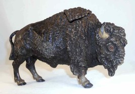 Antique Metal Desktop Inkwell Buffalo/Bison Standing Hinged Top w/ Glass Insert - £559.54 GBP