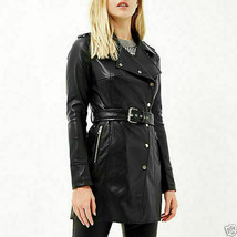 Handmade Women Genuine Lambskin Soft Leather Trench Coat Stylish Black Overcoat - £123.99 GBP+