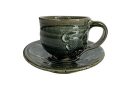 artisan handmade Green pottery cup saucer tea coffee set - £18.99 GBP