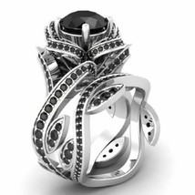 Lotus Wedding Ring Set 3.40Ct Round Black Moissanite White Gold Plated Size 9.5 - £131.51 GBP