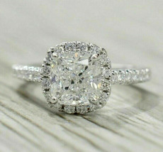 2.55ct Cushion Cut Halo Diamond Simulated Engagement Ring Solid 14k White Gold - £206.54 GBP