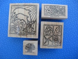 Stampin&#39; Up! Aquaria 4 Wood Mounted Rubber Stamps 2004 Dolphin Shells Fish - £5.49 GBP