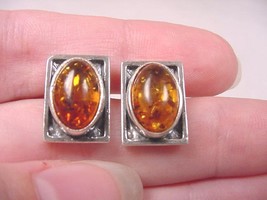 (PE40-A) Orange Amber + .925 Sterling Silver Rectangle Stud Earrings Jewelry - £35.28 GBP