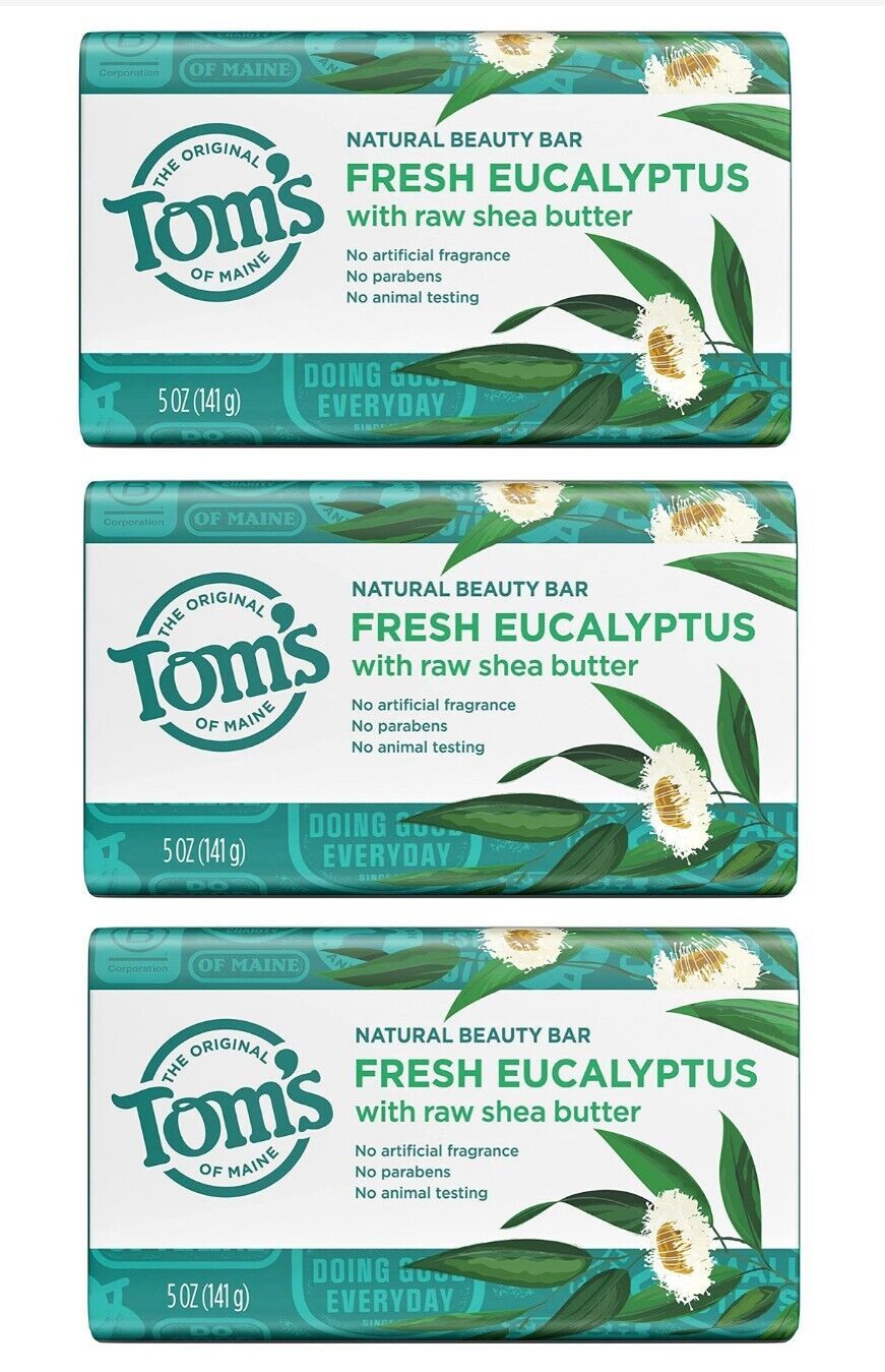 3 Pack Tom's Of Maine Beauty Bar Soaps Fresh Eucalyptus with Raw Shea Butter 5oz - $24.74