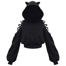  Black Women&#39;s Cat Ear Hoodie Pullover Long Sleeve Hooded Sweatshirt Cute  Up Bl - £48.23 GBP