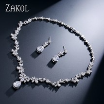 ZAKOL Fashion Cluster Flower Cubic Zirconia Crystal Women Earrings Necklace Set  - £43.36 GBP