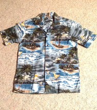Pacific Legend Tropical Hawaiian Camp Shirt Mens Blue Green Sz M Palms Waves - £14.98 GBP
