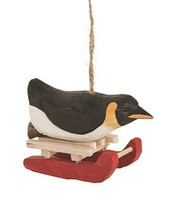 Gallerie Ii 4&quot; Hand Carved Wooden Penguin Sled Racer Christmas Ornament - £11.75 GBP