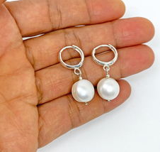  White Pearl Drop Hoop Earrings 925 Sterling Silver, Handmade Stone Earrings  - £57.85 GBP