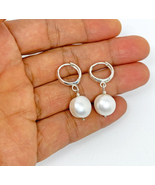  White Pearl Drop Hoop Earrings 925 Sterling Silver, Handmade Stone Earr... - £57.42 GBP