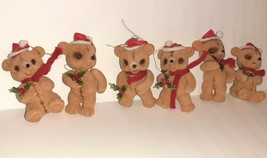 Vintage x6 Flocked Bears In Santa Hat Christmas Ornaments Mcm Teddy Bears - £7.82 GBP