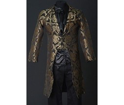 NWT Men&#39;s Black Gold Brocade Steampunk Victorian Goth Vampire Tailcoat Jacket - £119.87 GBP