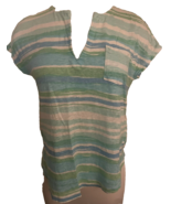 Lilly Pulitzer Linen Striped Duval Pocket V-Neck Tee Size XS Blue Green ... - $14.62