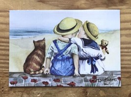 Faye Whittaker Children On Beach with Orange Tabby Cat Greeting Card - £3.35 GBP