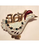 Christmas Goose Joy Pin Brooch White Enamel Sparkle Glitter Gold Tone Se... - $24.67 CAD