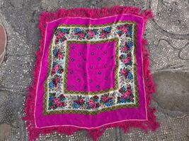 Pink floral folk scarf, traditional ethnic vintage headscarf with fringe - $20.00