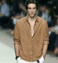 Men suede leather shirt designer suede beige leather jacket shirt with pocket 10 - £122.59 GBP