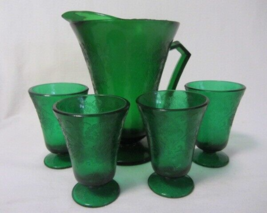 Vintage J EAN Nette Glass Floral Emerald Green Pitcher &amp; 4 Glasses - £29.60 GBP