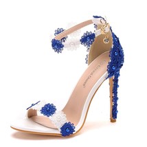 Crystal Queen Women Sandals White and blue Lace Fine High Heels Slender Bridal P - £46.63 GBP