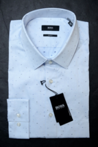 HUGO BOSS Hombre Isko Ajustado Azul Pastel de Lunares Algodón Camisa 37 14.5 - $64.14