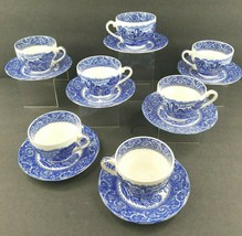 7 Staffordshire River Scene Canterbury Blue Cup Saucer Set Mid Century England - £154.80 GBP
