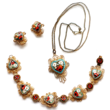 Vintage Glass Micro Mosaic Jewelry Set Italian Hearts Necklace Bracelet Earrings - £117.31 GBP