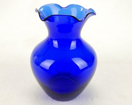 Small Cobalt Blue Flower Vase, 4.5&quot;, Urn Body, Ruffled Rim, Transparent Glass - £15.62 GBP