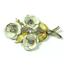 Vintage 1960s Signed Coro Ab Rhinestone Enameled Floral Bouquet Brooch 3&quot; - $26.00