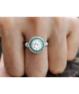 Round Cut and Green Baguette Art Deco Engagement Ring, Vintage Halo Esta... - £101.51 GBP