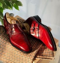 Handmade Men&#39;s Burgundy Cowhide Leather Double Monk Plain Toe Formal Dress Shoes - £102.84 GBP