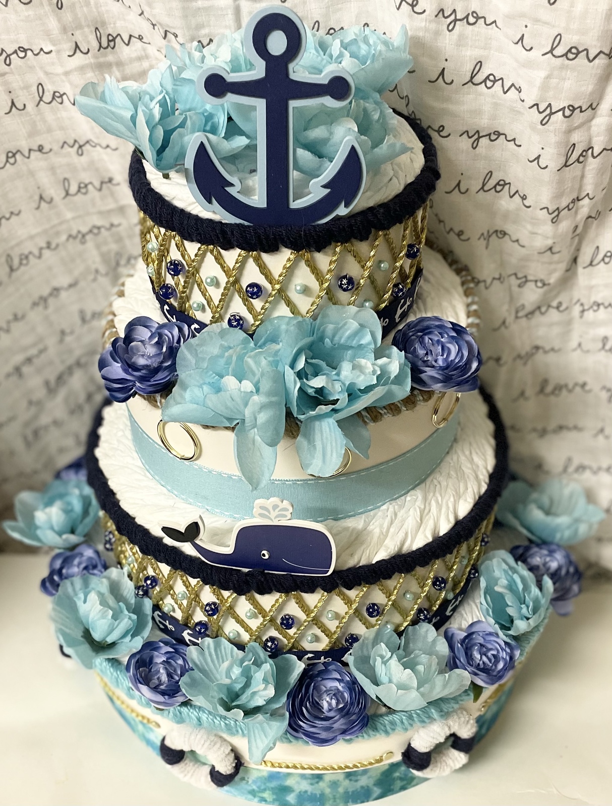 Turquoise and Navy Blue Nautical Baby Shower Diaper Cake Large Centerpiece Gift
