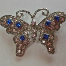 Silver-tone Blue &amp; Clear Rhinestone Butterfly Brooch 1.7/8&quot; x 1.1/4&quot; - £13.18 GBP