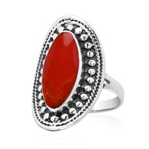 Vintage Framed Oval Synthetic Red Coral &amp; Sterling Silver Statement Ring - 7 - £17.98 GBP
