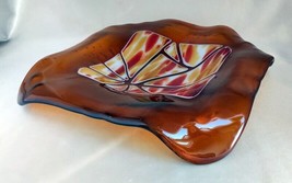 Fused Amber Abstract Art Glass Dish w/ Draped Corners (9&quot; Square) - £31.35 GBP