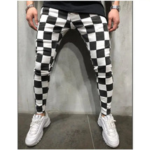 Mens Black White Striped Chess Box Style Casual Joggers Sweatpants Trousers - $27.99