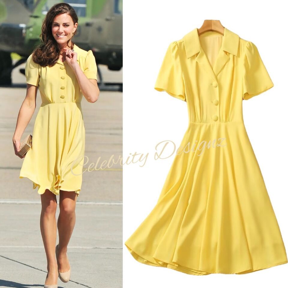 Kate Middleton Inspired Primrose Yellow Knee-length Puffy Short Sleeve Dress