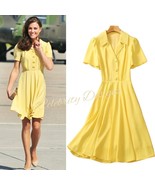 Kate Middleton Inspired Primrose Yellow Knee-length Puffy Short Sleeve D... - $149.78 CAD