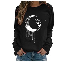 Style Moon  Print Black Hoodie Sweatshirts For Women Casual Loose Round Neck Bl - £59.35 GBP