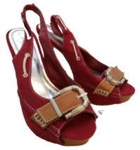 Anne Michelle Peep Toe Slingback Shoes Cherry Red Pumps 8.5 M Stacked Buckle - £17.59 GBP