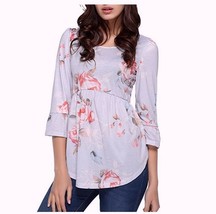 Women&#39;s 3/4 Sleeve Loose Fit High Low Hem Gathered Waist Floral Tunic Blouse - £15.66 GBP