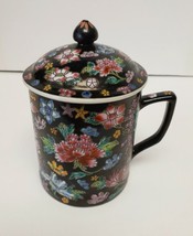 Chinese China Floral Cloisonne Tea Cup Mug with Lid Porcelain Ceramic Signed VTG - £55.10 GBP
