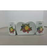 Heart shaped with fruit pattern Salt &amp; Peper shakers And Napkin Holder - £13.82 GBP