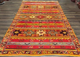 Unique Moroccan Rug 7x10 Room Sized Kilim with Raised Pile Red Orange Gray Boho - £1,245.19 GBP