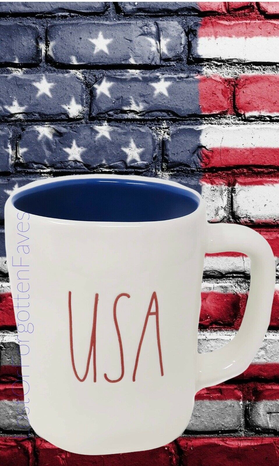 Primary image for Rae Dunn USA Mug Coffee Tea BLUE Interior RED Word Patriotic American Pride NEW