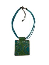 Vintage Statement Pendant Necklace Green Blue Enamel Geometric Cord Neck... - $16.20