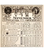 September October 1910 Calendar Page Moon Phases Sun Ephemera ADBN1eee - $549.97 MXN